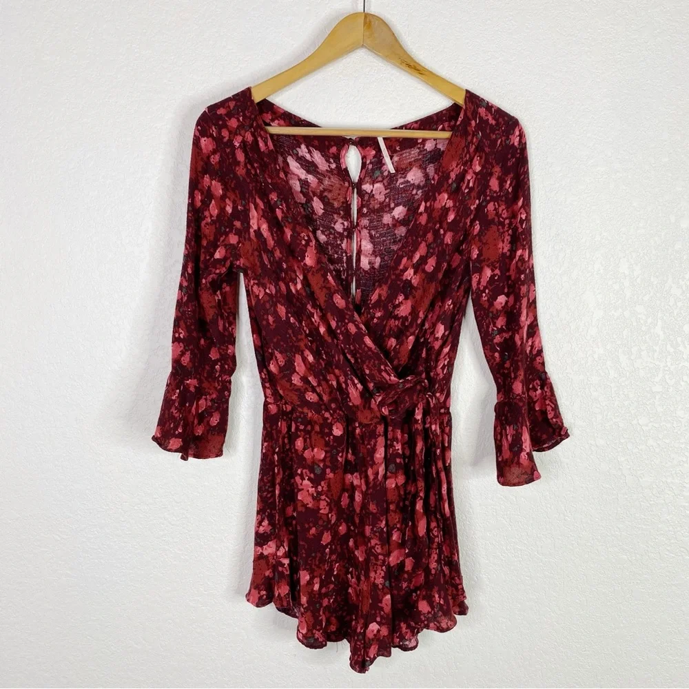 Free People Red Floral All The Right Ruffles Playsuit Romper